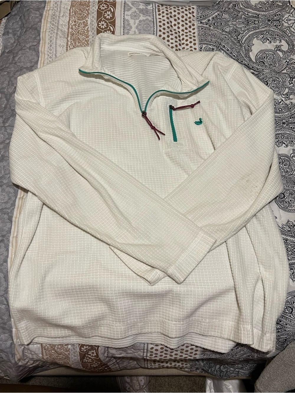 Women’s White Quarter-Zip Pullover Sweater with Teal Trim